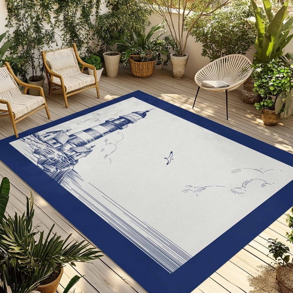Lighthouse Outdoor Rug 3x5 Ft - Reversible Patio Rug Outdoor Camping Rugs, Ocean Seagull Vintage Navy Blue Coastal Boat Indoor Outdoor Area Rugs, Non-Slip Outdoor Carpet Runner for Deck/Porch