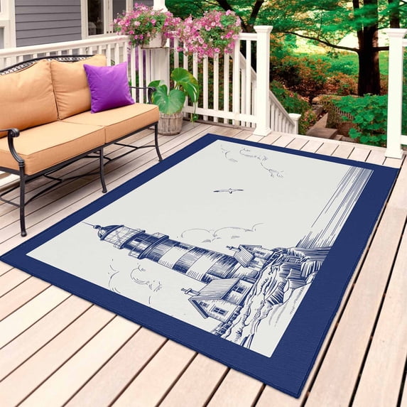 Lighthouse Outdoor Rug 5x8 Ft, Non Slip Washable Area Rug, Ocean Seagull Vintage Navy Blue Coastal Boat Patio Rugs Carpet Runner, Large Floor Mat for Indoor/Outdoor Deck Porch Camping