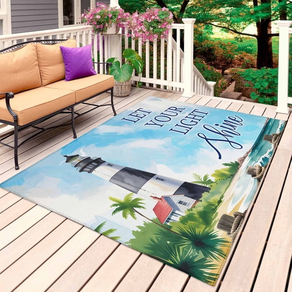 Lighthouse Outdoor Rug for Patio/Deck/Porch, Non-Slip Large Area Rug 6 x 9 Ft, Blue Coastal Nautical Ocean Beach Palm Tree Indoor Outdoor Rugs Washable Area Rugs, Reversible Camping Rug Carpet Runner