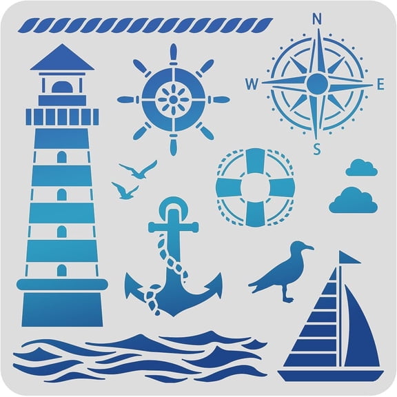 Lighthouse PET Plastic Drawing Templates 11.8x11.8 Inch Compass Anchor Template Stencil for Scrabooking Card Making DIY Wall Floor Decoration for diy