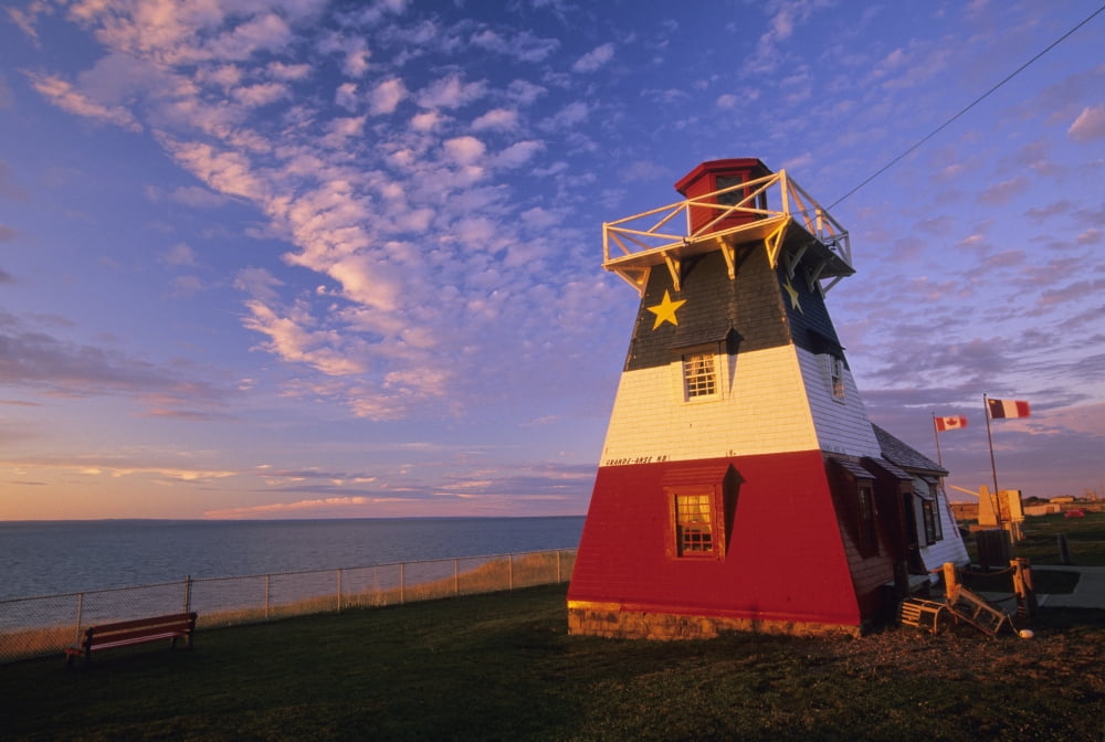 Lighthouse Painted In Colours Of The Acadian Flag Grand Anse New Brunswick Canvas Art - John Sylvester Design Pics (34 x 22)