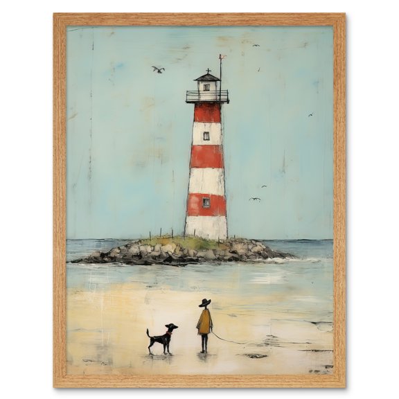 Lighthouse Pastel Colour Painting Bathroom Artwork Red Blue Ochre Boy and Pet Dog Beach Walk Art Print Framed Poster Wall Decor 12x16 inch