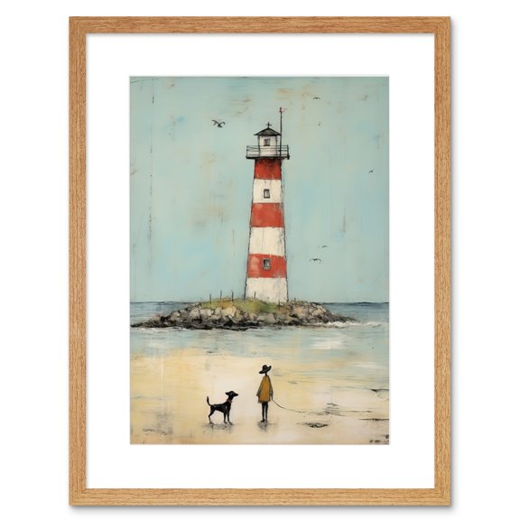 Lighthouse Pastel Colour Painting Bathroom Artwork Red Blue Ochre Boy and Pet Dog Beach Walk Artwork Framed Wall Art Print 9X7 Inch
