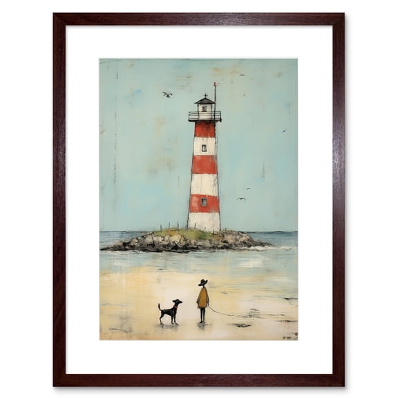 Lighthouse Pastel Colour Painting Bathroom Artwork Red Blue Ochre Boy and Pet Dog Beach Walk Artwork Framed Wall Art Print 9X7 Inch