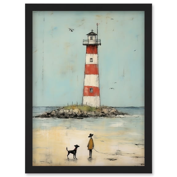Lighthouse Pastel Colour Painting Bathroom Artwork Red Blue Ochre Boy and Pet Dog Beach Walk Artwork Framed Wall Art Print A4