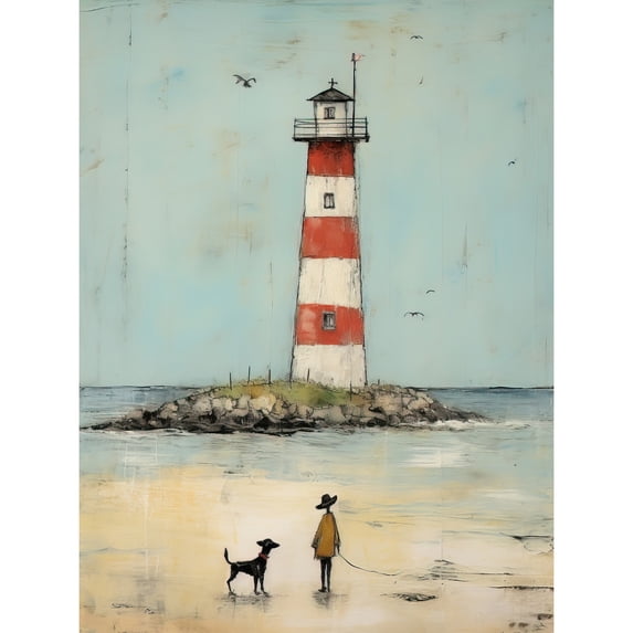 Lighthouse Pastel Colour Painting Bathroom Artwork Red Blue Ochre Boy and Pet Dog Beach Walk Extra Large XL Wall Art Poster Print