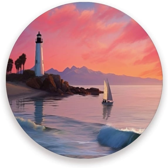 Lighthouse Pattern Coaster, Drinks Round Absorbent Stone Set with Ceramic Stone and Cork Base, Tabletop Protection Mats and Cups Place for 2PCS Home Decor