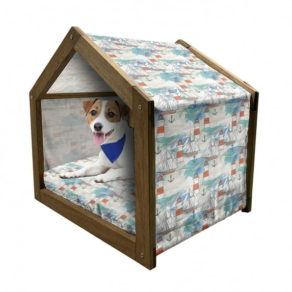 Lighthouse Pet House, Abstract Whale Anchor and Boats Pattern Sky Inspired Background Nautical Design, Outdoor & Indoor Portable Dog Kennel with Pillow and Cover, 5 Sizes, Multicolor, by Ambesonne