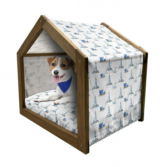Lighthouse Pet House, Hand Drawn Watercolor Sea Elements Beach Holiday Pattern Vintage Illustration, Outdoor & Indoor Portable Dog Kennel with Pillow and Cover, 5 Sizes, Blue White, by Ambesonne
