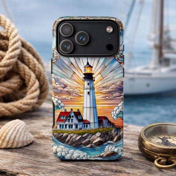 Lighthouse Phone Case 17 16 15 14 13 12 11 Pro Max Stained Glass Beach