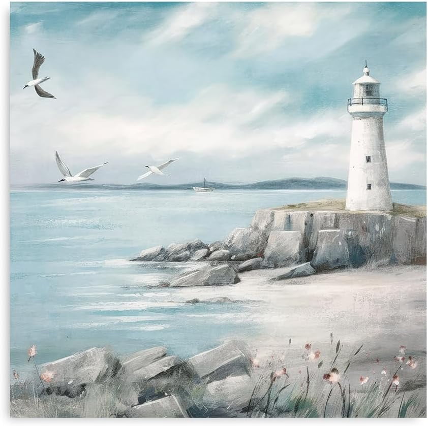 Picture of Lighthouse Pictures Wall Art Beach Decor Seagull Decor Ocean Canvas ...