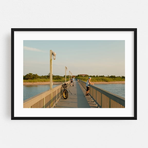 Lighthouse & Pier, Fire Island 02 - Fire Island New York Photography Beach Coast Bridge Ocean Fishing Landscape Black Framed Wall Art Print 5 x 7 inches