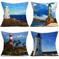 thumbnail image 1 of Lighthouse Pillow Covers Set of 4 Bule Oil Painting Style Summer Beach Nautical Decorative Throw Pillow Cases Cushion Cover Cotton Linen for Outdoor Home Decor 18x18 Inches (Lighthouse Set), 1 of 5