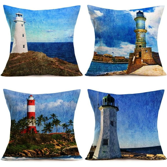 Lighthouse Pillow Covers Set of 4 Bule Oil Painting Style Summer Beach Nautical Decorative Throw Pillow Cases Cushion Cover Cotton Linen for Outdoor Home Decor 18x18 Inches (Lighthouse Set)