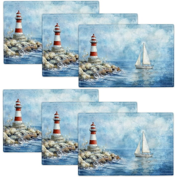 Lighthouse Placemats Set of 6 Nautical Ocean Table Mats Washable Coastal Place Mats for Home Party Indoor Kitchen Dining Table Decoration 12x18 Inch