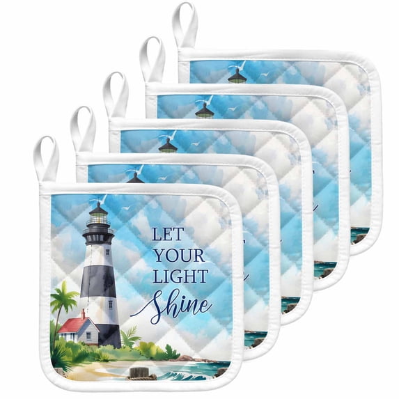Lighthouse Pot Holders for Kitchen Heatproof Potholder, 5 Pack Blue Coastal Nautical Ocean Beach Palm Tree Hot Pads Multipurpose Oven Pads Cloth Potholders Trivet for Cooking Baking