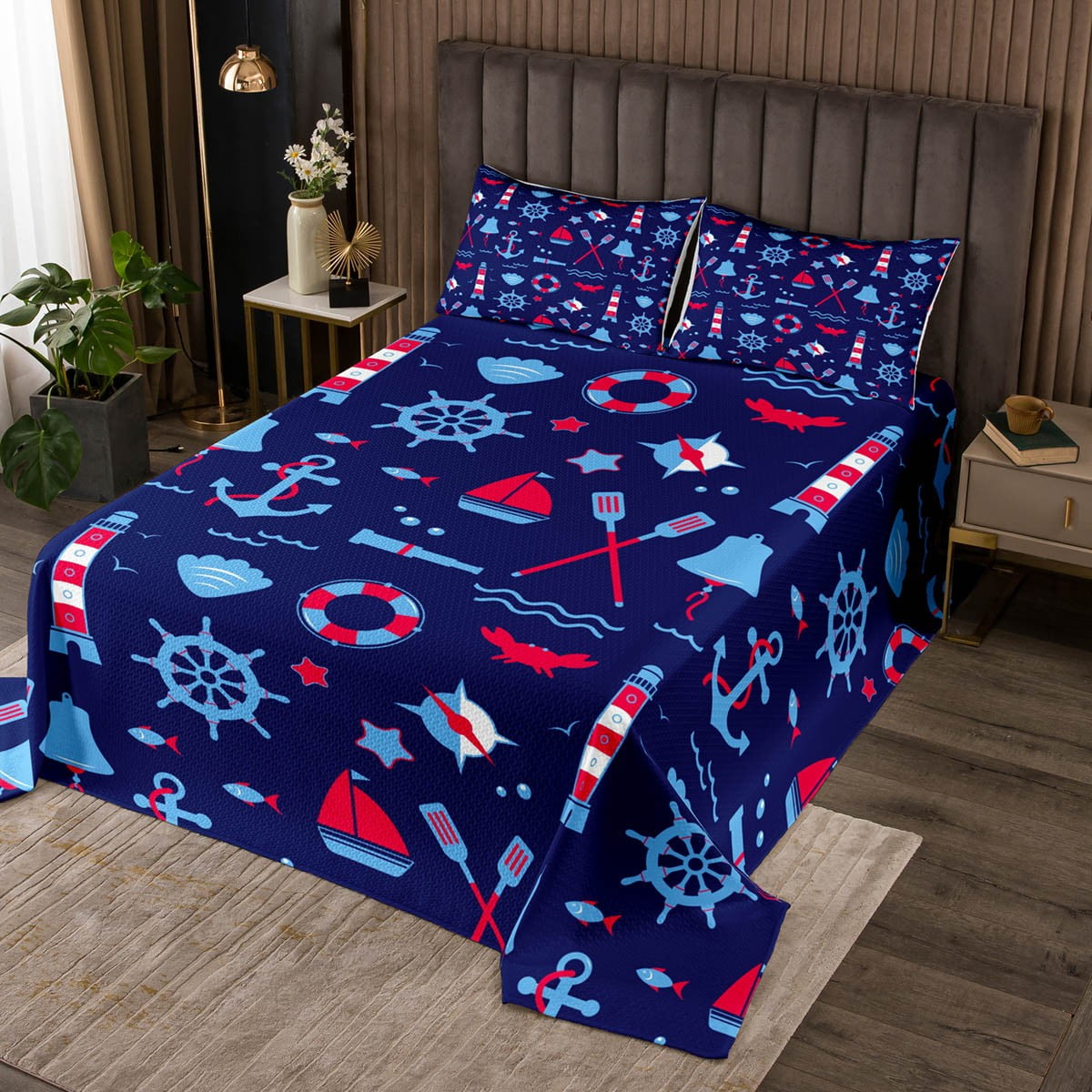 Lighthouse Queen Bedspread Set for Boys,Lake Paddle Boat Oar Coverlet