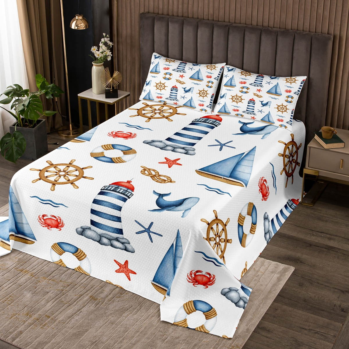 Lighthouse Queen Bedspread Set for Boys,Nautical Rope Knot Coverlet Set