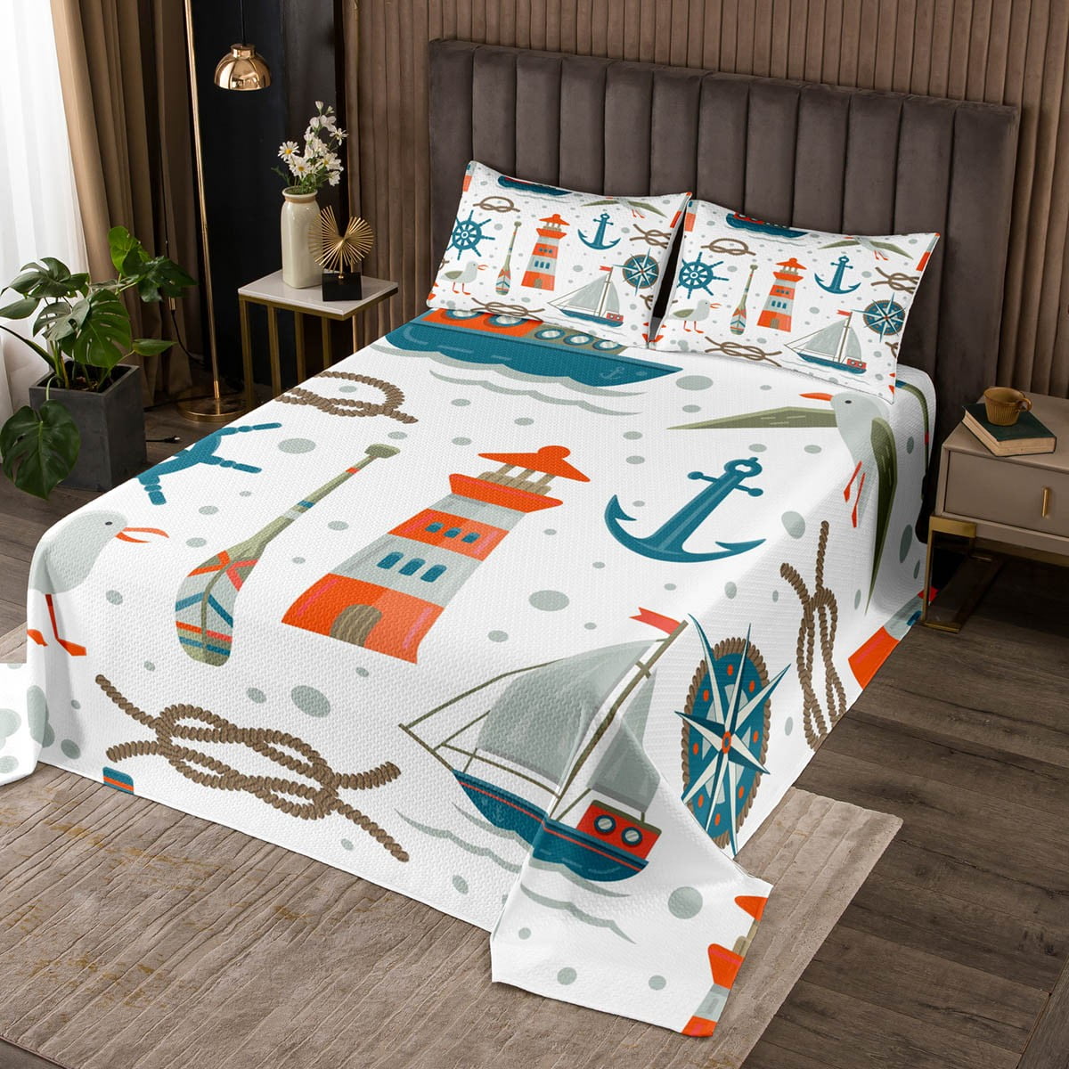 Lighthouse Quilt Set Lake Paddle Queen Bedspread Set for Boys Kids