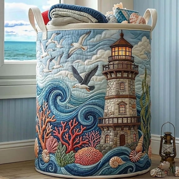 Lighthouse Quilted Laundry Basket: Ocean Quilt Hamper, Family Storage Bin