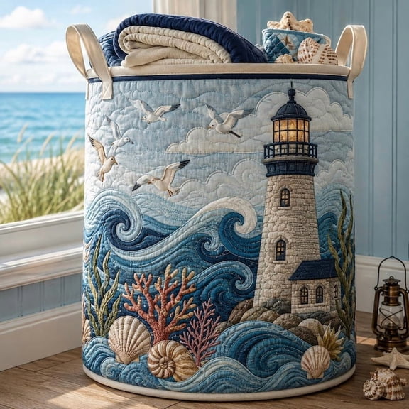 Lighthouse Quilted Laundry Basket: Ocean Quilt Hamper, Family Storage Bin