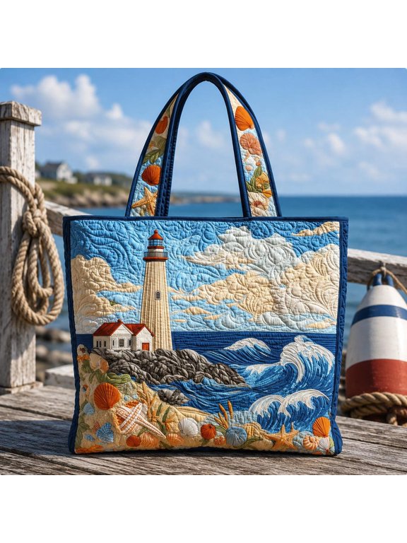 Lighthouse Quilted Tote Bag, Coastal Ocean Purse, Nautical Beach Shoulder Bag, Handmade Fabric Tote, Seaside Gift for Her