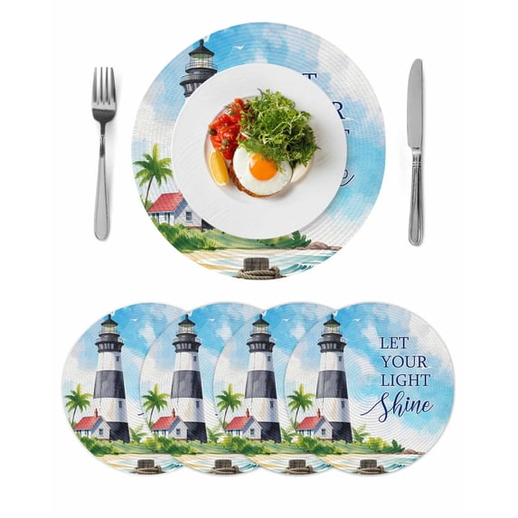 Lighthouse Round Placemats Set of 4 for Dinning Tables,Heat-proof Braided Table Mats 15 Inch,Blue Coastal Nautical Ocean Beach Palm Tree Washable Place Mat for Kitchen Restaurant Party Table Decor