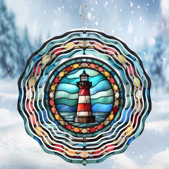 Lighthouse Round Stained Glass Style 3D Wind Spinner Nautical Ocean Home Decoration