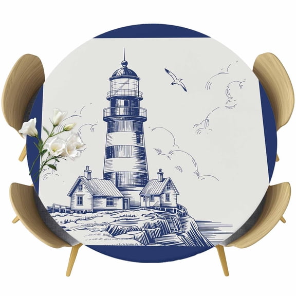 Lighthouse Round Tablecloth 36-44 Inch Round Fitted Table Cloth with Elastic Edge, Ocean Seagull Vintage Navy Blue Coastal Boat Waterproof Table Cover Protector for Outdoor Picnic Party Dining