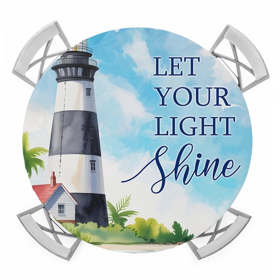 Lighthouse Round Tablecloth for 36-44 Inch Tables,Fitted Table Cover with Elastic Edge,Blue Coastal Nautical Ocean Beach Palm Tree Waterproof Outdoor Table Cloth Protector for Patio Garden Dinner
