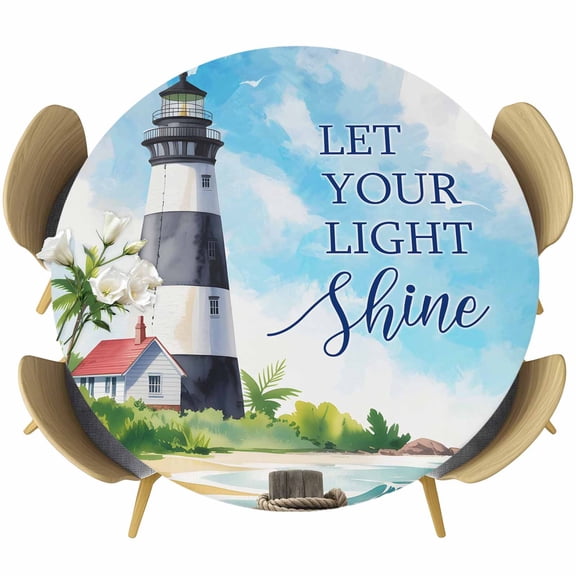 Lighthouse Round Tablecloth 55-60 Inch Round Fitted Table Cloth with Elastic Edge, Blue Coastal Nautical Ocean Beach Palm Tree Waterproof Table Cover Protector for Outdoor Picnic Party Dining
