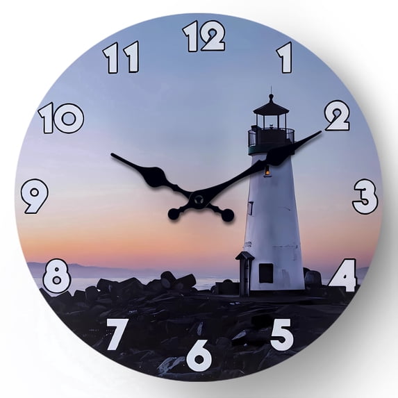 Lighthouse Round Wall Clock 16 Inch Beach Wall Clocks Battery Operated Silent Non-Ticking Wooden Wall Clock for Bathroom Bedroom Living Room