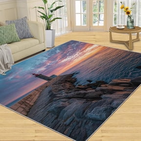 Lighthouse Rug, Nautical Rugs for Living Room, Sunset Lighthouse Area Rug, Coastal Jetty Rugs for Bedroom, Coastal Carpet - Ocean View Home Decor for Boys Room 5 x 8ft