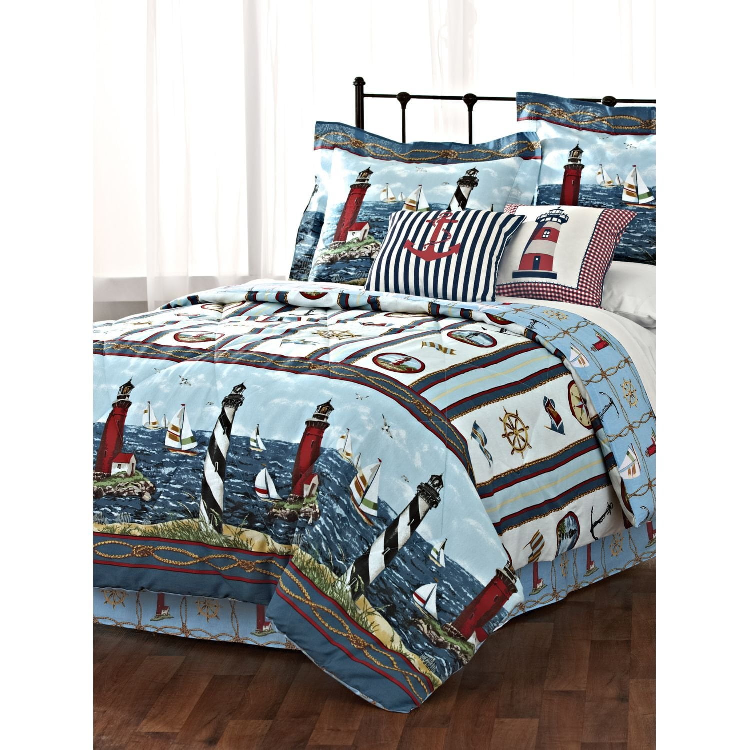 Lighthouse Sailboat Nautical Queen Comforter, Shams & Bed Skirt (4