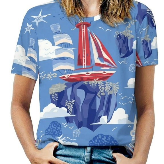Lighthouse Sailboat Ocean Adventure Women's T-Shirt Short Sleeve T Shirts Tops Tee Ladies Loose T
