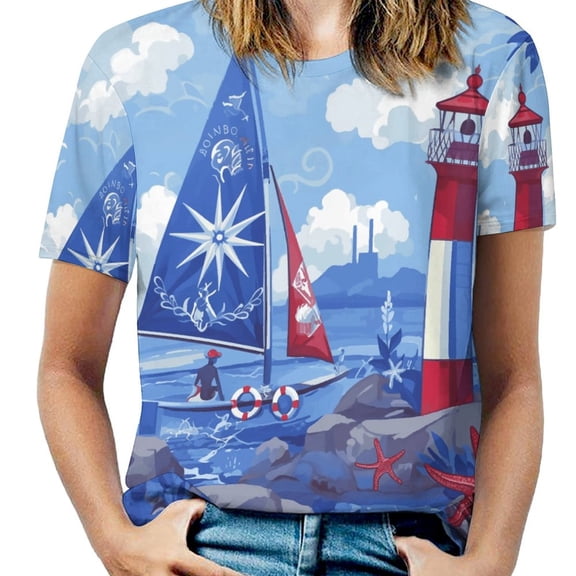 Lighthouse Sailboat Ocean Art Women's Short Sleeve T-Shirt Crew Neck Casual Summer Trendy Loose Fit Tops