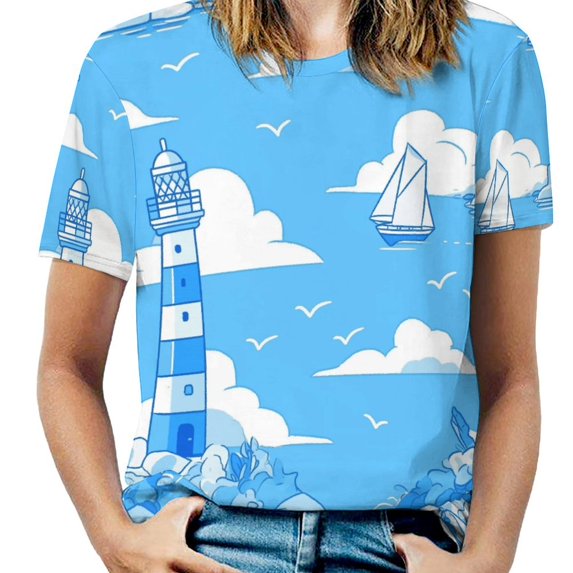 Lighthouse Sailboat Ocean Blue Womens Tops Women's Fashion Casual Short Sleeve Flower Print Round Neck Pullover Top Blouse