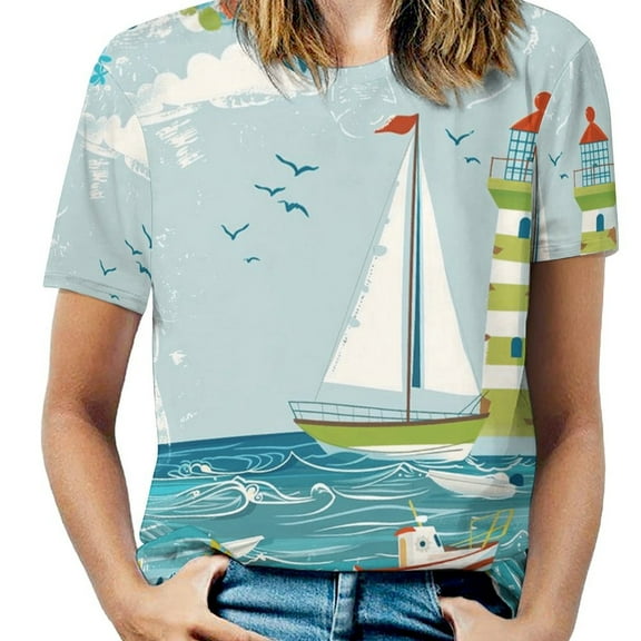 Lighthouse Sailboat Ocean Scene Women's Short Sleeve T-Shirt Crew Neck Casual Summer Trendy Loose Fit Tops