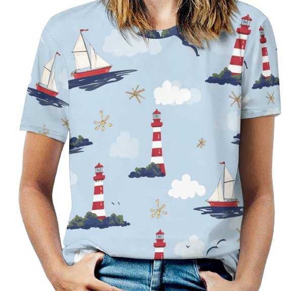 Lighthouse Sailboat Ocean Theme T Shirts Basic T-Shirt Short Sleeve Ladies Tee Shirt Summer Graphic Clothing