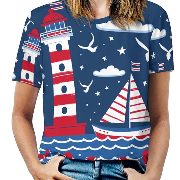 Lighthouse Sailboat Ocean Waves Balloons Women's Short Sleeve T-Shirt Crew Neck Casual Summer Trendy Loose Fit Tops