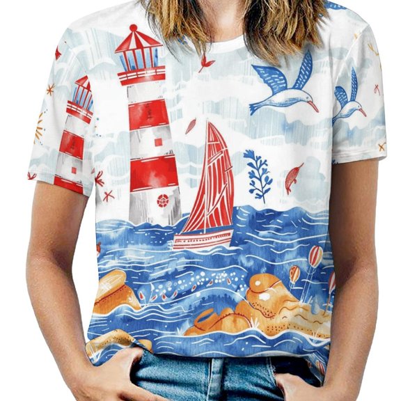 Lighthouse Sailboat Ocean Waves Seagulls-1 Womens Tops Women's Fashion Casual Short Sleeve Flower Print Round Neck Pullover Top Blouse
