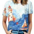 thumbnail image 1 of Lighthouse Sailboat Ocean Waves Starfish Women's Short Sleeve Tops Casual Blouses T Shirt, 1 of 7