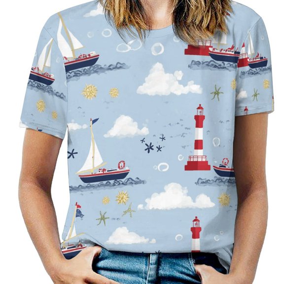 Lighthouse Sailboat Sea Womens Tops Women's Fashion Casual Short Sleeve Flower Print Round Neck Pullover Top Blouse