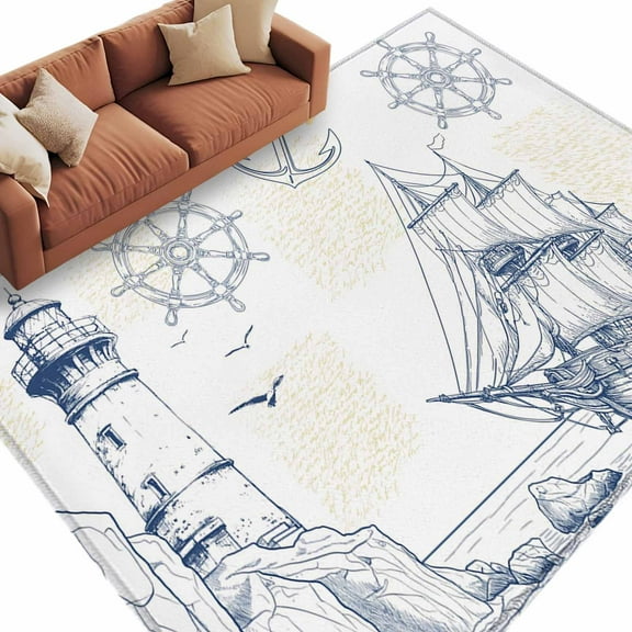 Lighthouse Sailboat Seagull Area Rug 5x7ft Nautical Ship Ocean Blue Sketch Non-Slip Washable Square Rugs Soft Felt Indoor Floor Mat for Bedroom Kitchen Living Room Bathroom