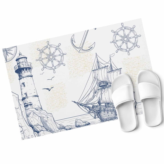 Lighthouse Sailboat Seagull Door Mat Nautical Ship Ocean Blue Sketch Non Slip Absorbent Entrance Mat Washable Low Profile Indoor Doormat for Front Door Entryway Entry 20"x31"