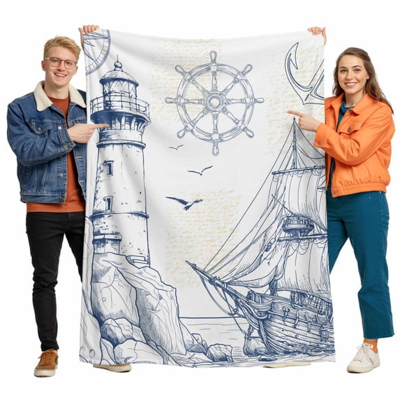 Lighthouse Sailboat Seagull Flannel Blanket for Bed,Travel and Camping, Nautical Ship Ocean Blue Sketch Super Soft Cozy Blanket for All Seasons 40"x50"