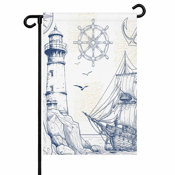 Lighthouse Sailboat Seagull Garden Flag 12x18 Inch Nautical Ship Ocean Blue Sketch Double Sided Small Decorative Garden Flags for Outside, Outdoor Yard Porch Lawn Decoration