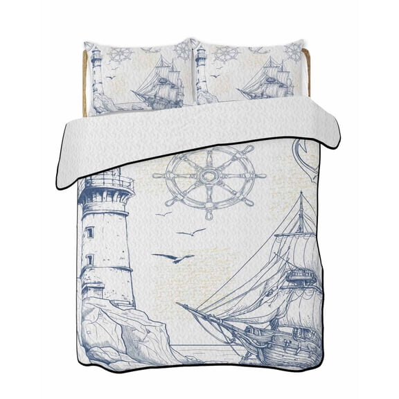 Lighthouse Sailboat Seagull Quilts Bedding Set Full Size Nautical Ship Ocean Blue Sketch Lightweight Quilted Bedspread 3 Piece Bed Quilt with 2 Pillow Shams All Season for Bedroom 68" x 98"