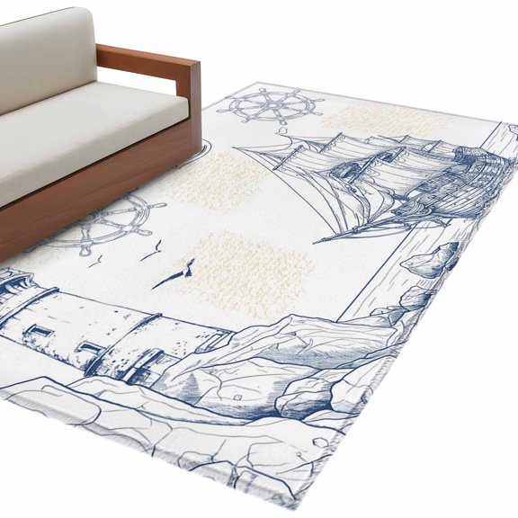 Lighthouse Sailboat Seagull Rectangle Area Rug 4x6 ft Nautical Ship Ocean Blue Sketch Washable Rugs for Living Room, Non Slip Soft Carpet for Bedroom Entryway Dining Room