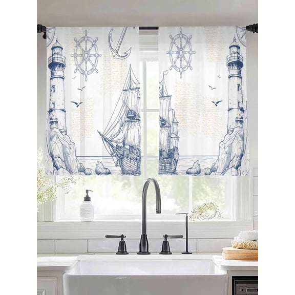Lighthouse Sailboat Seagull Sheer Curtains 54 Inches Long 2 Panels Nautical Ship Ocean Blue Sketch Light Filtering Semi Sheer Window Curtains Drapes for Bedroom Living Room 52"x54"